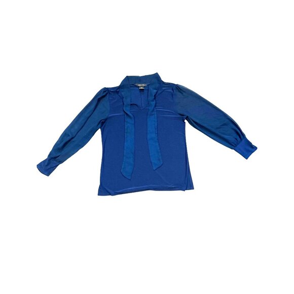 Adele May Navy Blouse Large Sheer Sleeve Tie Neck Keyhole Romantic Soft Glam - Picture 10 of 10